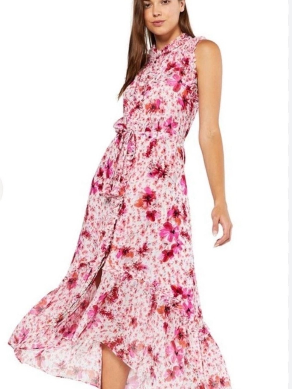 MISA Aurelie Floral Ruffle High Low Maxi Dress Belted Sleeveless Pink XL